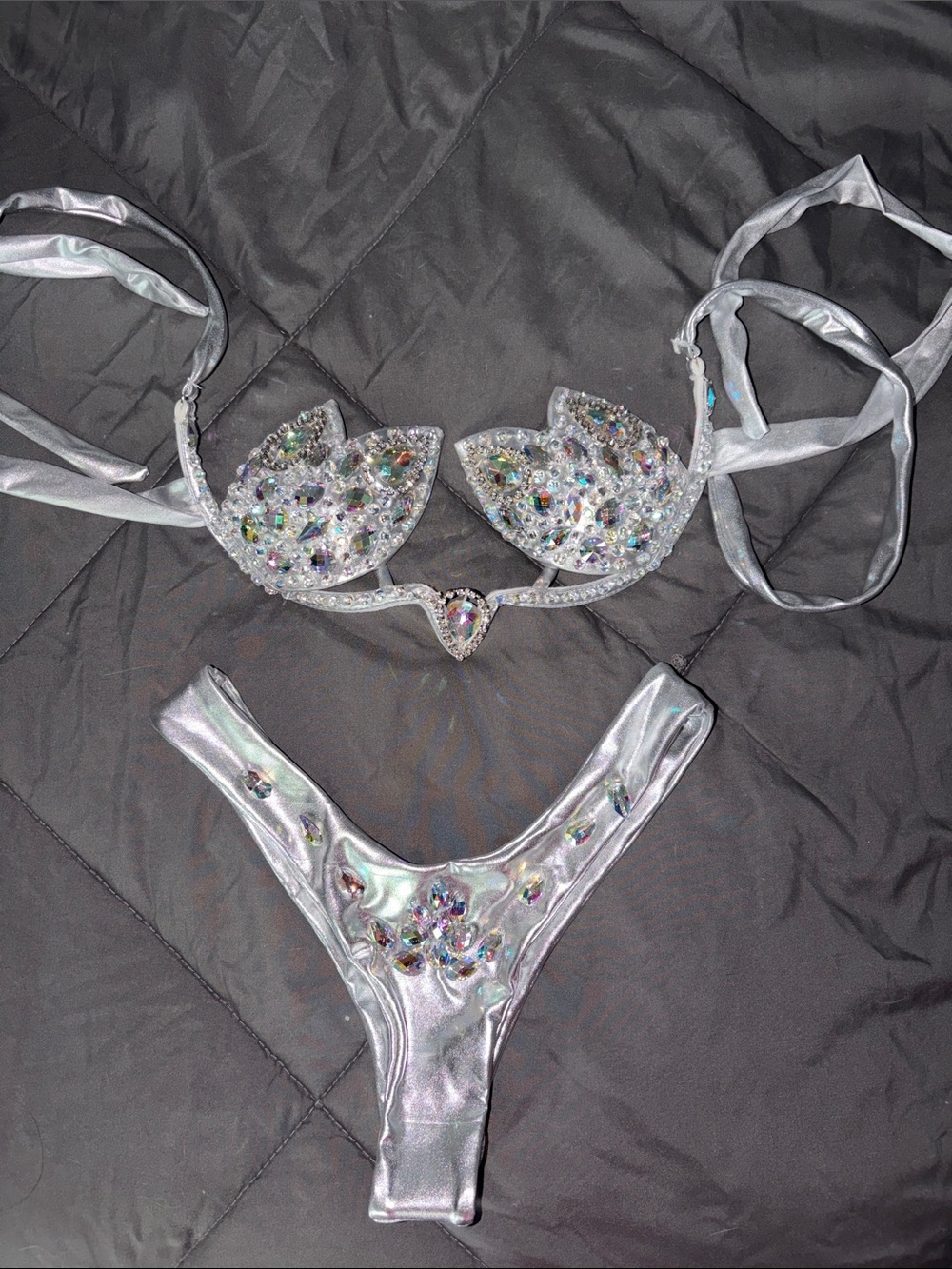 Silver Iridescent Crystal Embellished Bikini Set (Great for Carnivals as well)